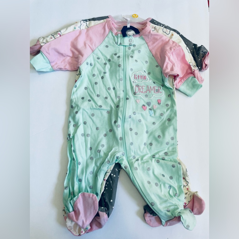 Gerber Baby girl 0- 3 month one piece bodysuit sleeper zip up. Set of 3 pajamas